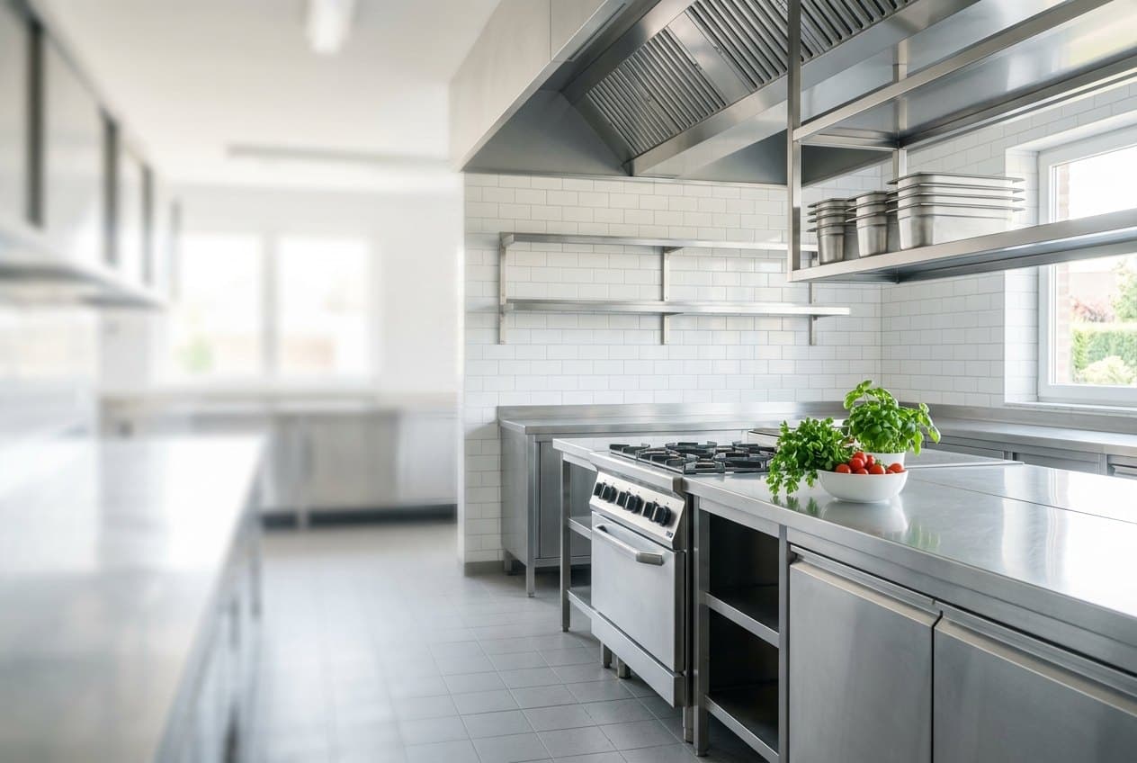 Lege, blinkende professionele keuken in ochtendlicht
