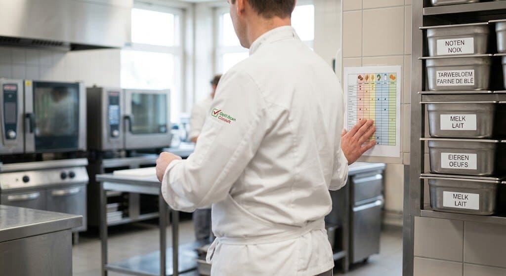 Kok bekijkt een allergenentabel aan de muur van een professionele keuken