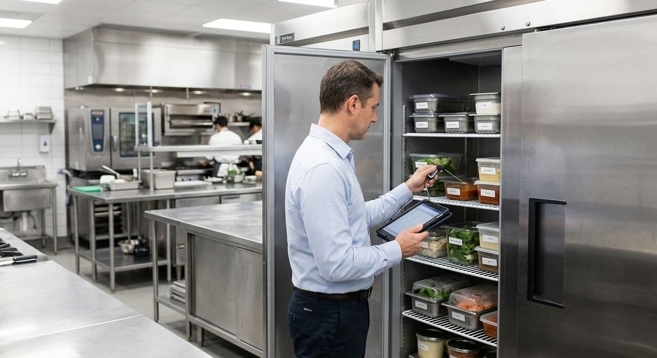 Consulent controleert met een tablet de temperatuur van een koelkast in een professionele keuken